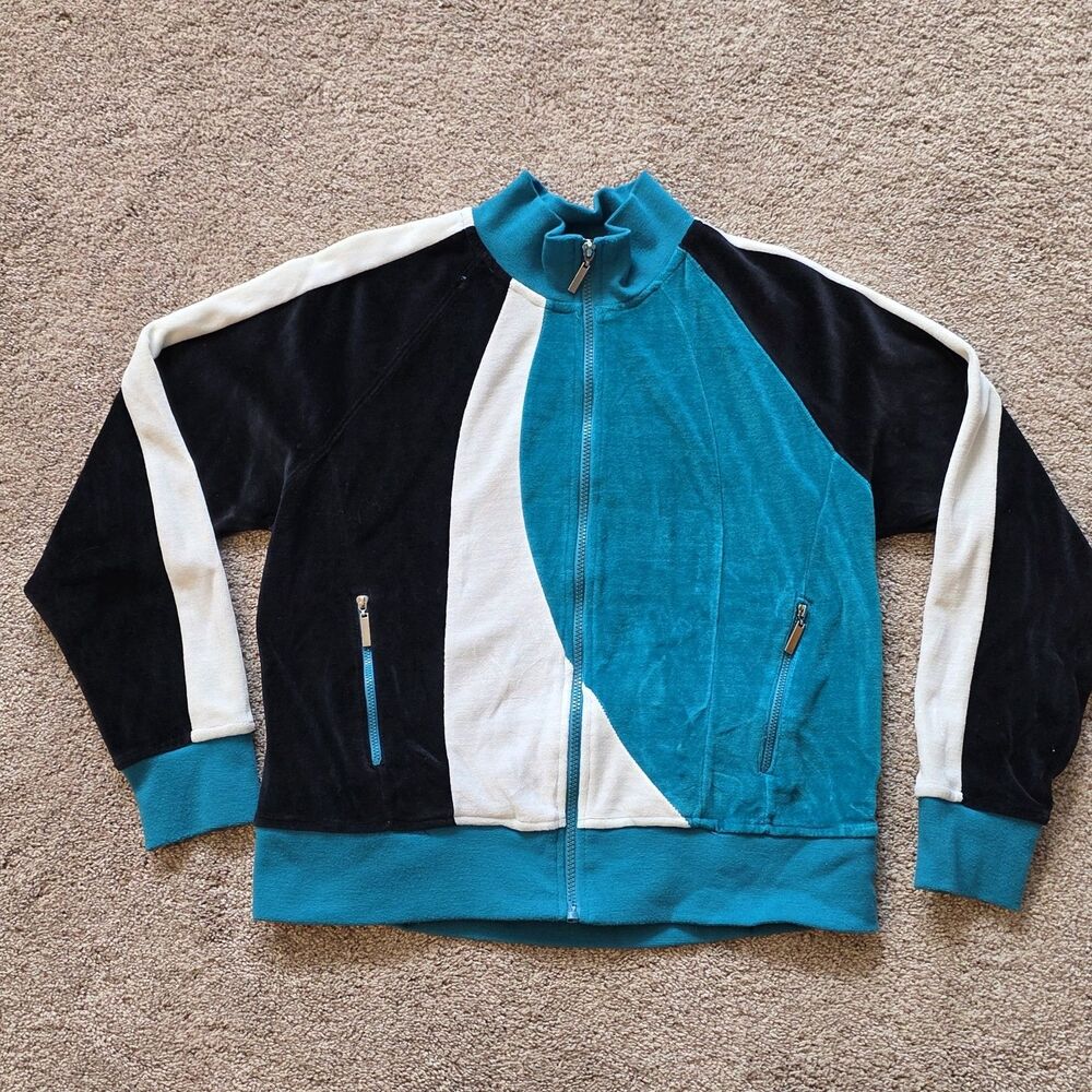 Vintage Colorblock Zip Jacket L ? Velour TEAL Black White Kaktus NO SIZE TAG
